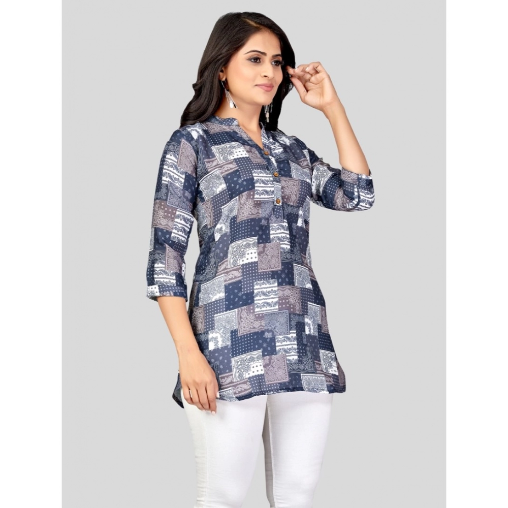 Women's Cotton Blend Mandarin Collar 3/4 Sleeves Short Top (NavyBlue) - Image 5