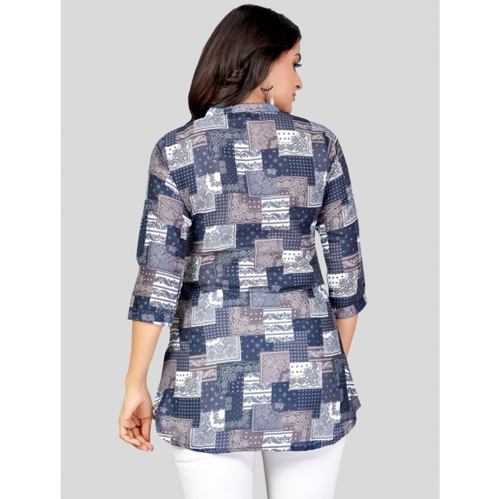 Women's Cotton Blend Mandarin Collar 3/4 Sleeves Short Top (NavyBlue) - Image 6