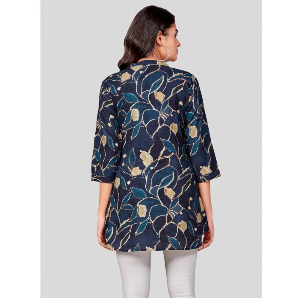 Women's Rayon Mandarin Collar 3/4 Sleeves Short Top (NavyBlue) - Image 6