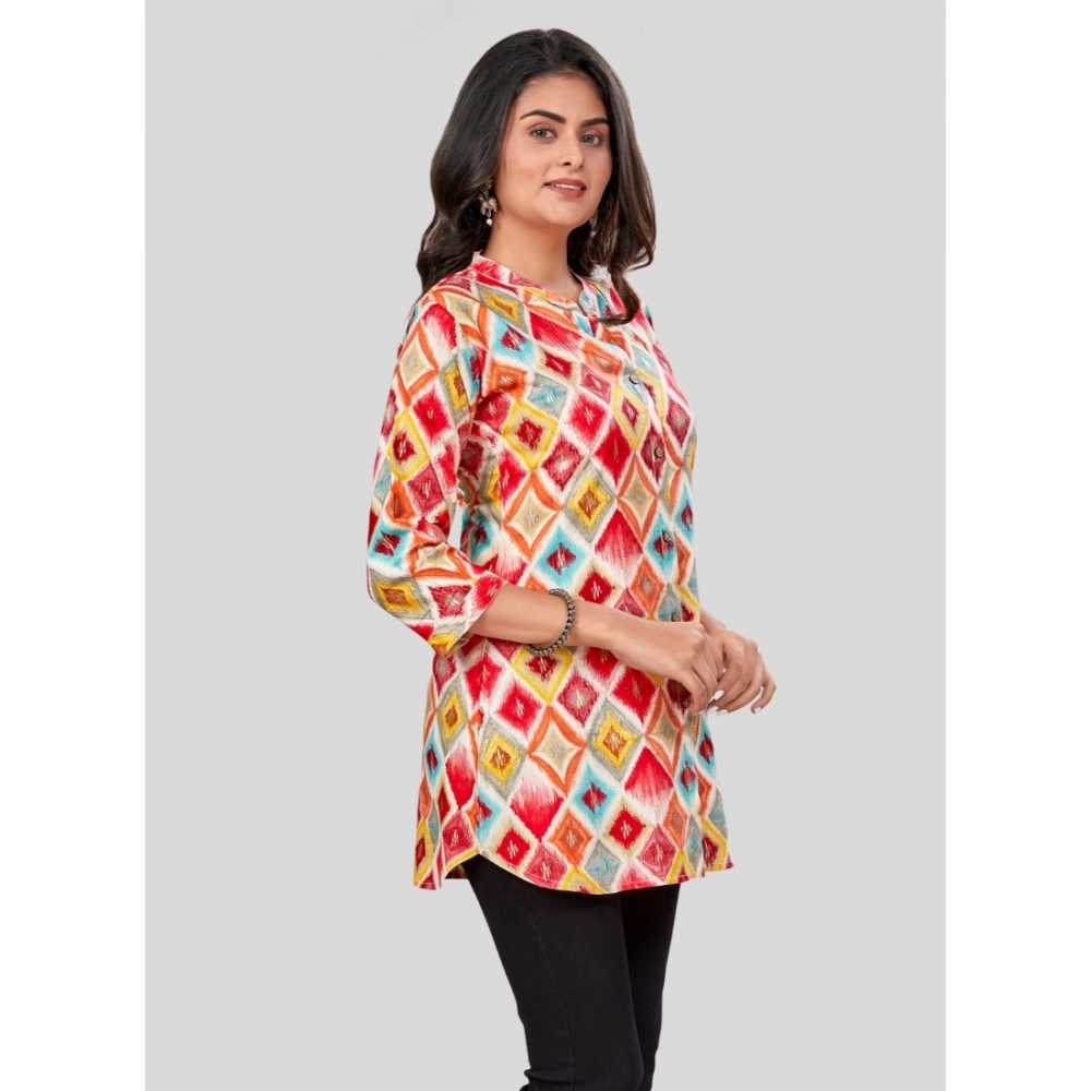 Women's Rayon Collared Neck 3/4 Sleeves Short Top (Red) - Image 5