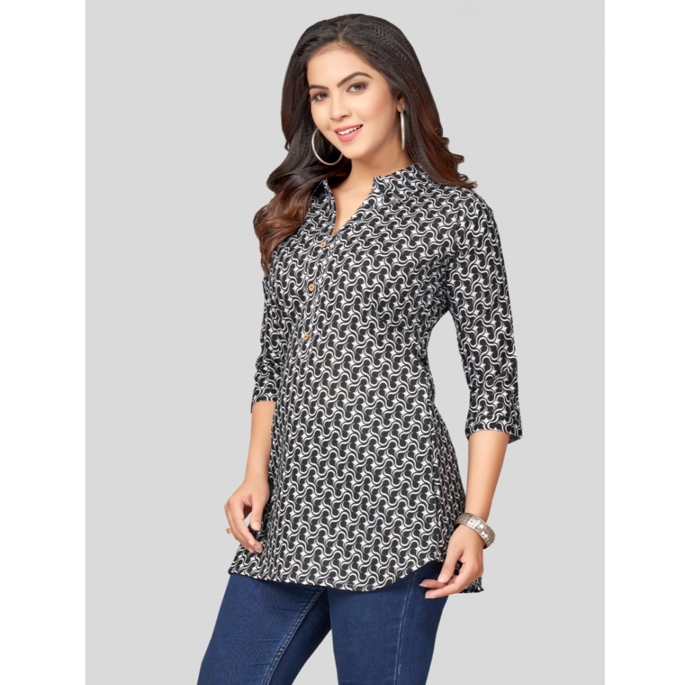 Women's Cotton Blend Mandarin Collar 3/4 Sleeves Short Top (Black) - Image 2