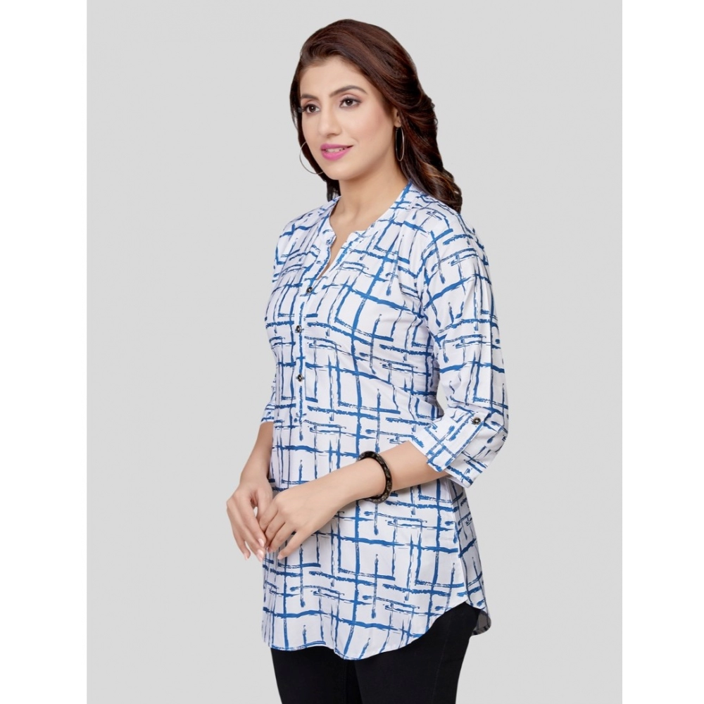 Women's Poly Crepe Mandarin Collar 3/4 Sleeves Short Top (White) - Image 6