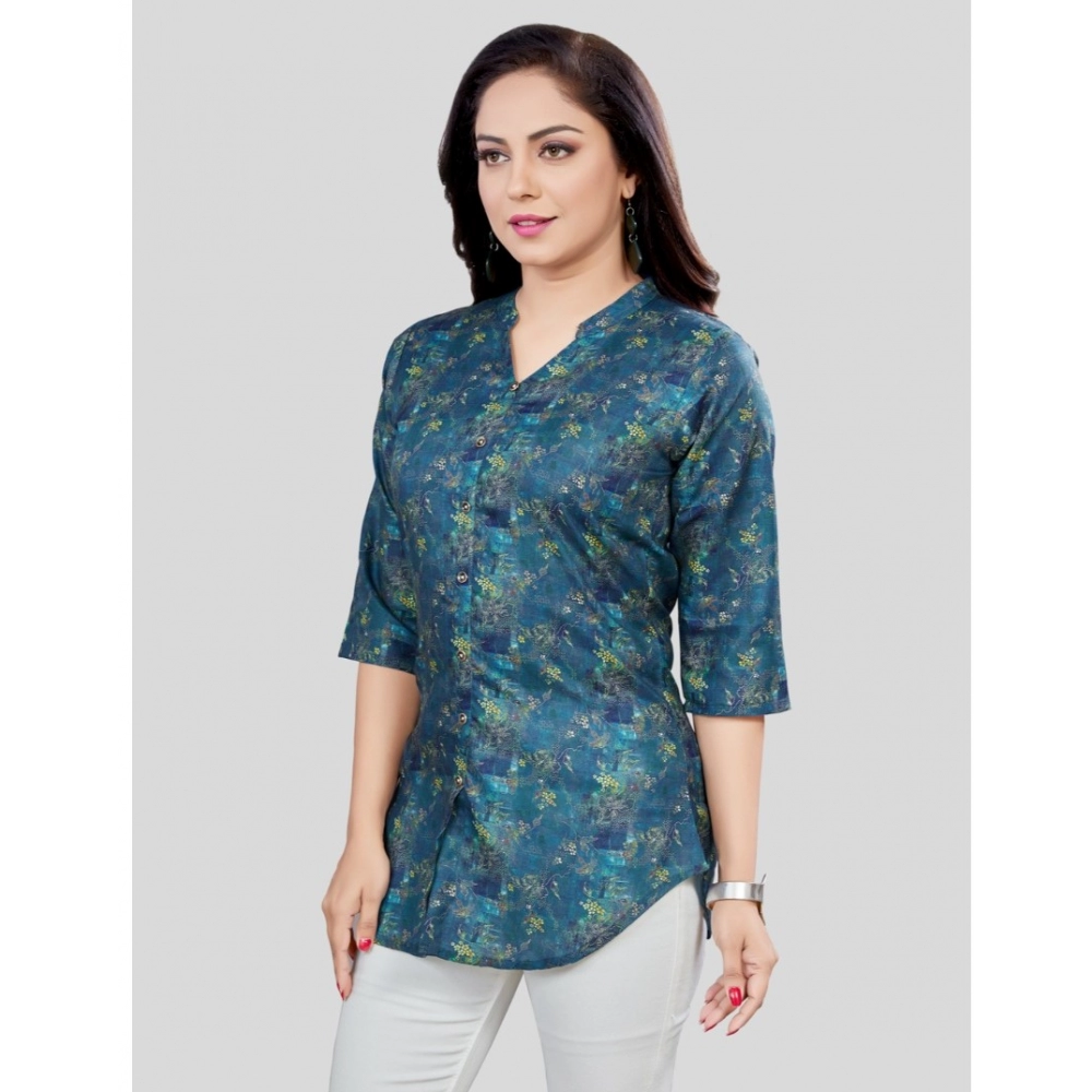 Women's Cotton Blend Mandarin Collar 3/4 Sleeves Short Top (Blue) - Image 2