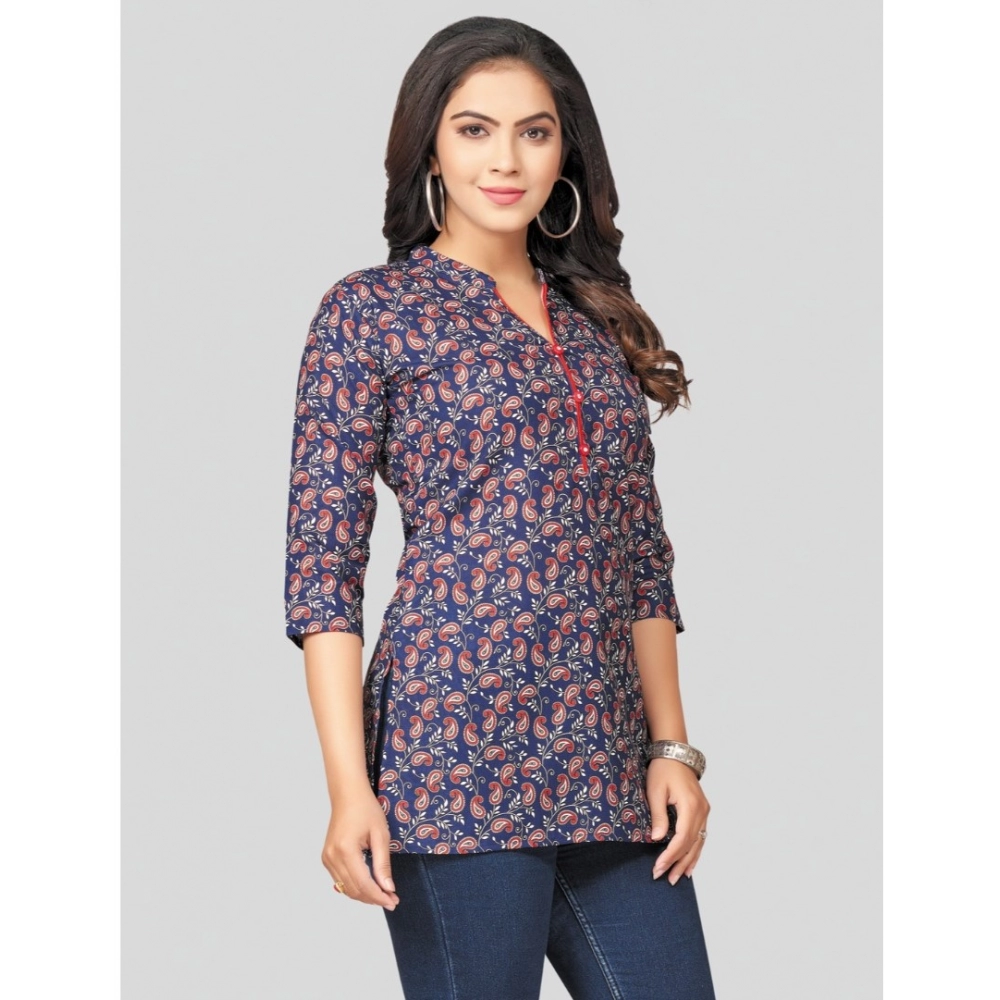 Women's Cotton Blend Mandarin Collar 3/4 Sleeves Short Top (Blue) - Image 5