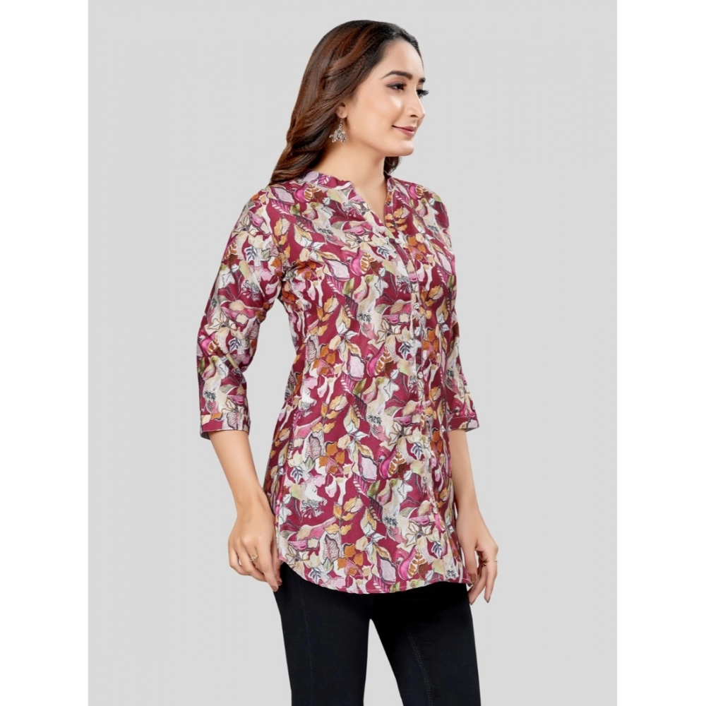Women's Cotton Blend Mandarin Collar 3/4 Sleeves Short Top (Burgundy) - Image 5