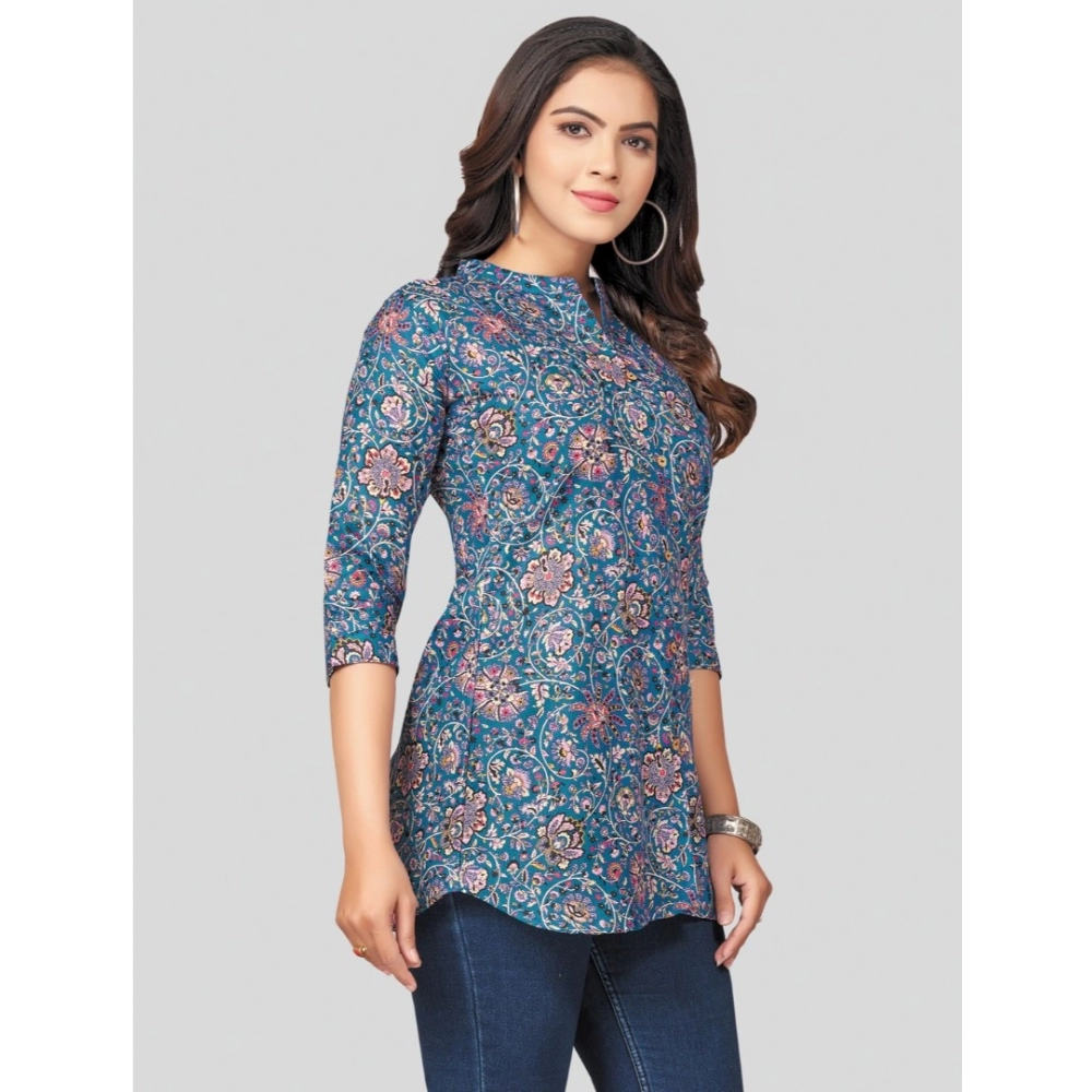Women's Cotton Blend Mandarin Collar 3/4 Sleeves Short Top (Blue) - Image 5