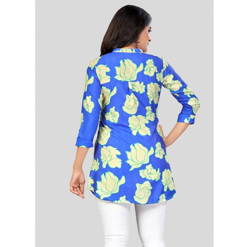 Women's Poly Crepe Mandarin Collar 3/4 Sleeves Short Top (Blue) - Image 6