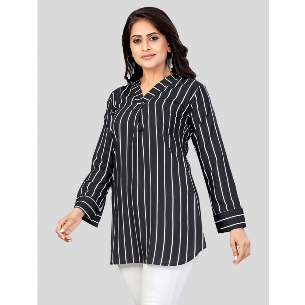 Women's Poly Crepe V-Neck Full Sleeves Short Top (Black) - Image 2