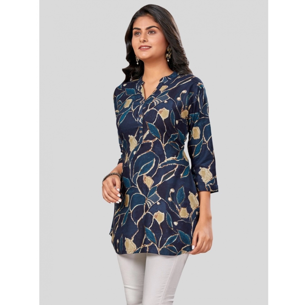 Women's Rayon Mandarin Collar 3/4 Sleeves Short Top (NavyBlue) - Image 2