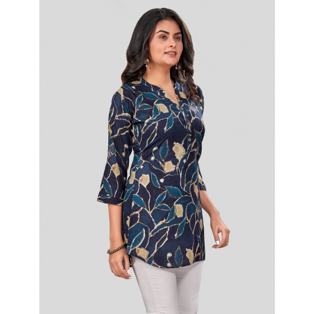 Women's Rayon Mandarin Collar 3/4 Sleeves Short Top (NavyBlue) - Image 5