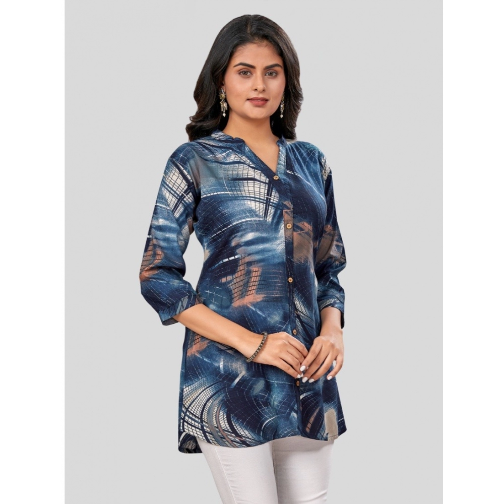 Women's Rayon Mandarin Collar 3/4 Sleeves Short Top (Blue) - Image 5