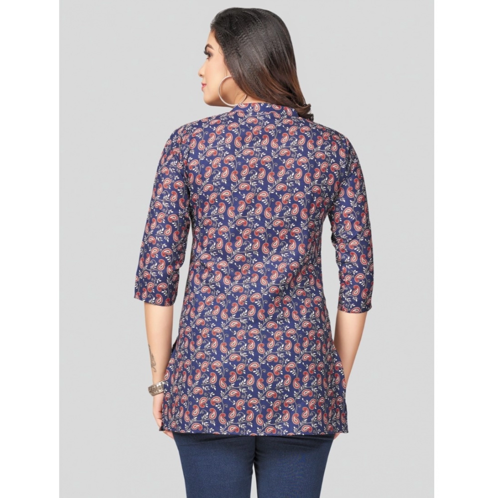 Women's Cotton Blend Mandarin Collar 3/4 Sleeves Short Top (Blue) - Image 6