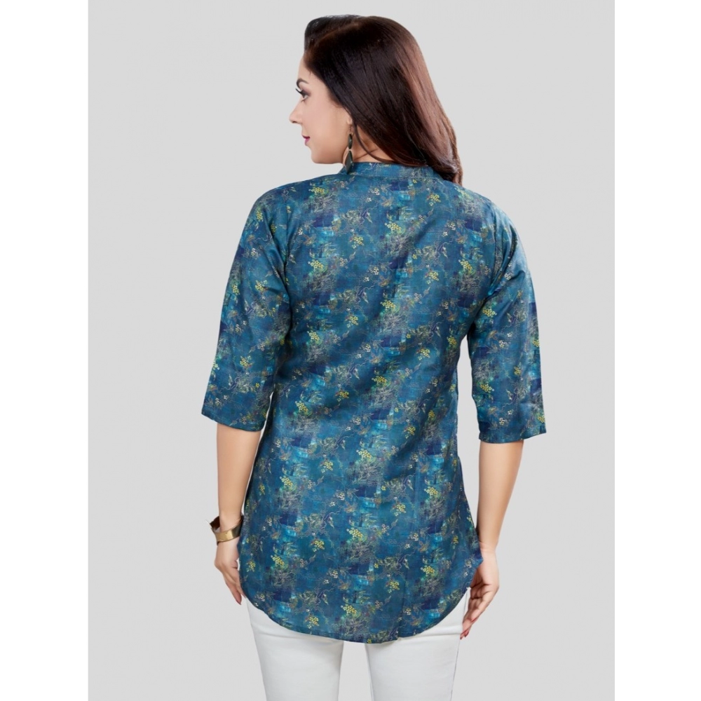 Women's Cotton Blend Mandarin Collar 3/4 Sleeves Short Top (Blue) - Image 6