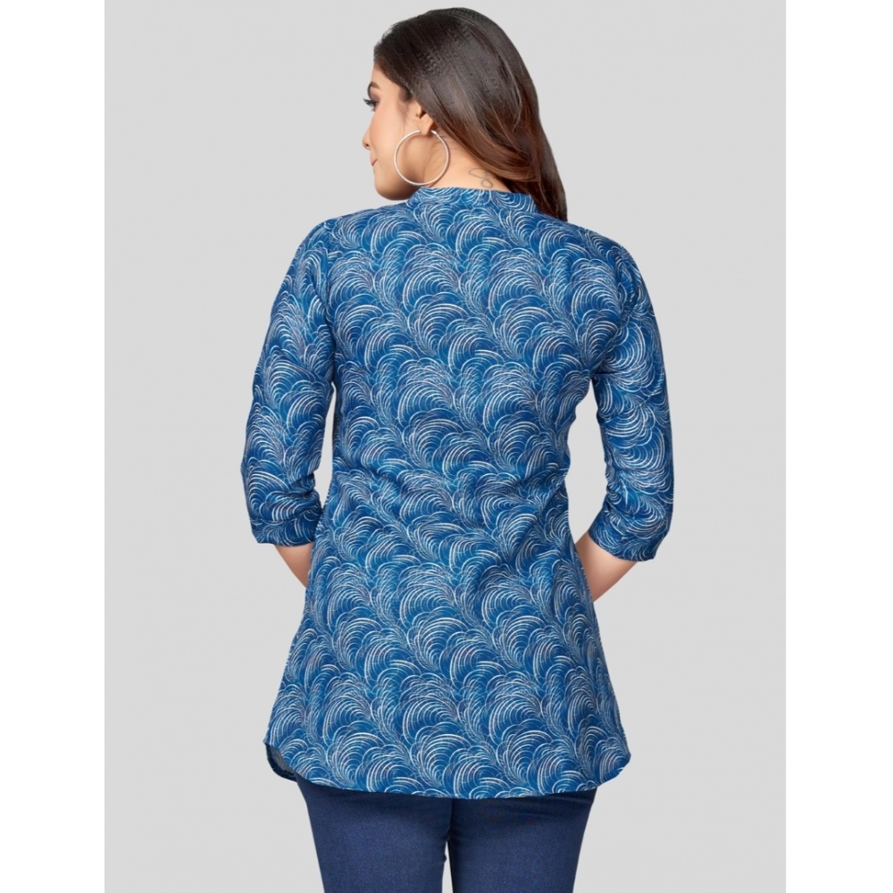 Women's Cotton Blend Mandarin Collar 3/4 Sleeves Short Top (Blue) - Image 6