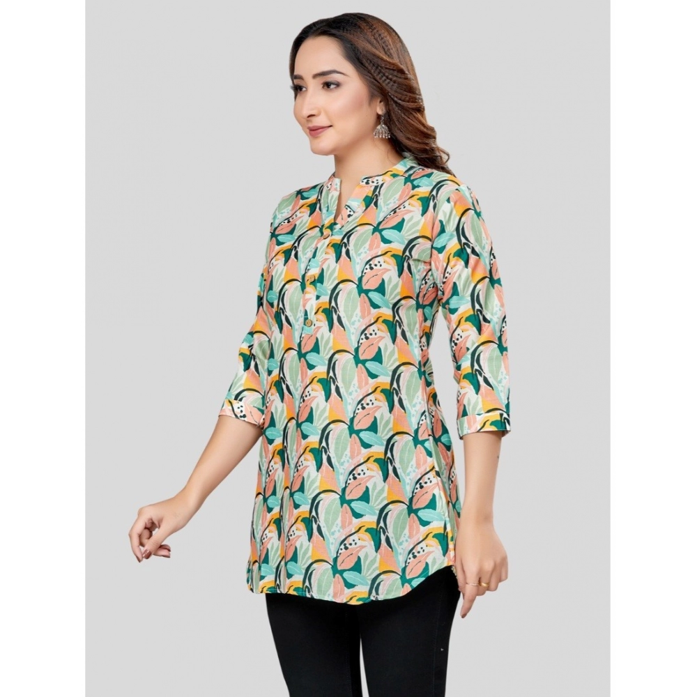 Women's Cotton Blend Mandarin Collar 3/4 Sleeves Short Top (Cream) - Image 2