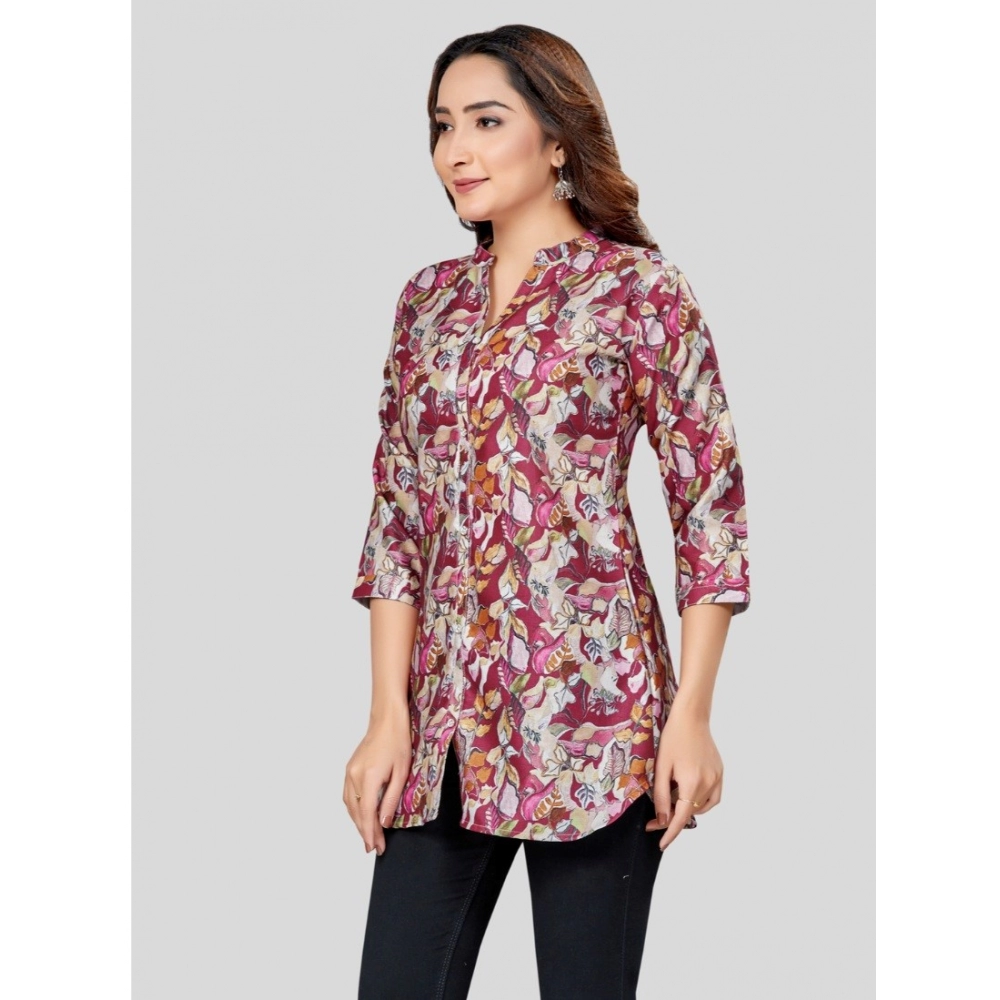 Women's Cotton Blend Mandarin Collar 3/4 Sleeves Short Top (Burgundy) - Image 2