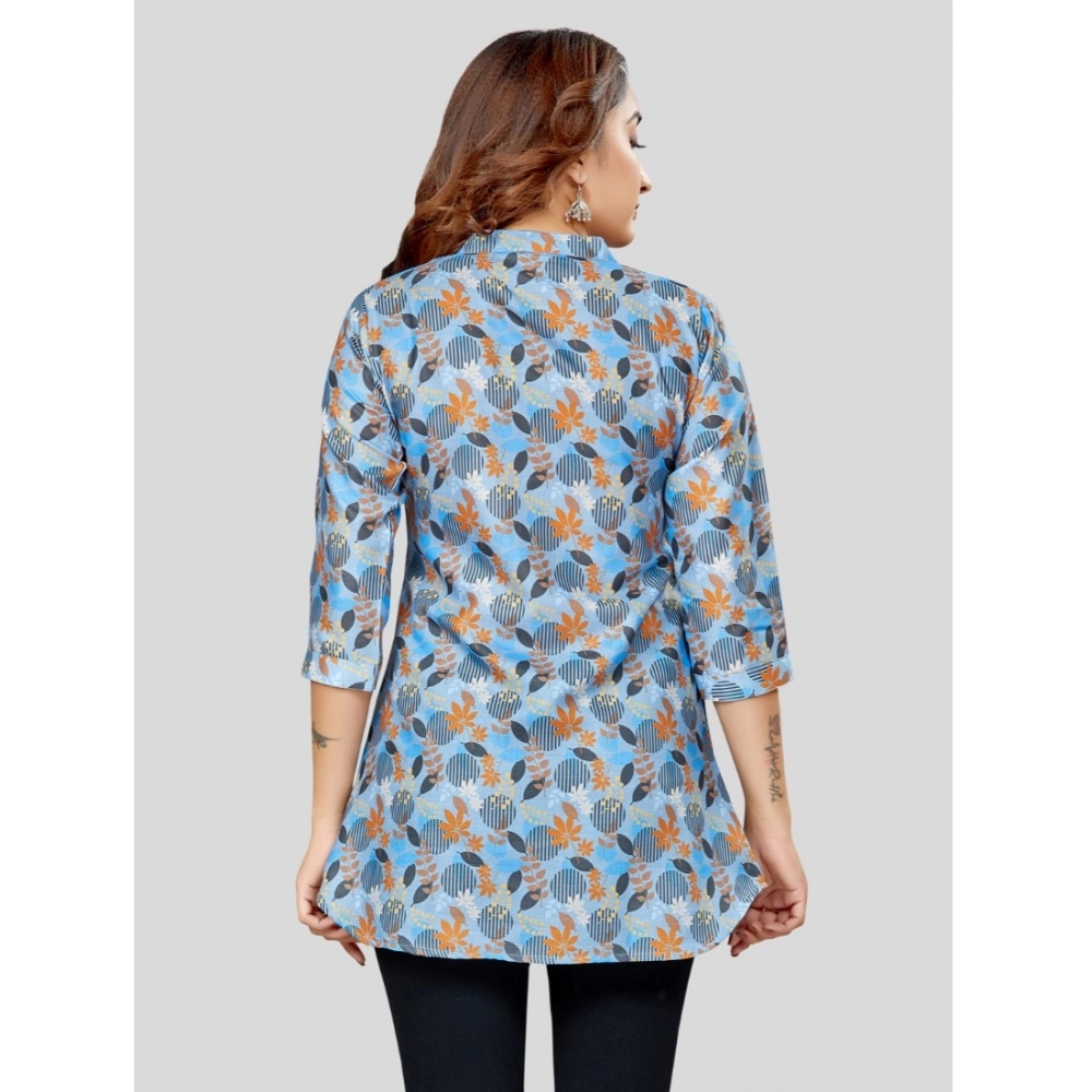 Women's Cotton Blend Mandarin Collar 3/4 Sleeves Short Top (Blue) - Image 5