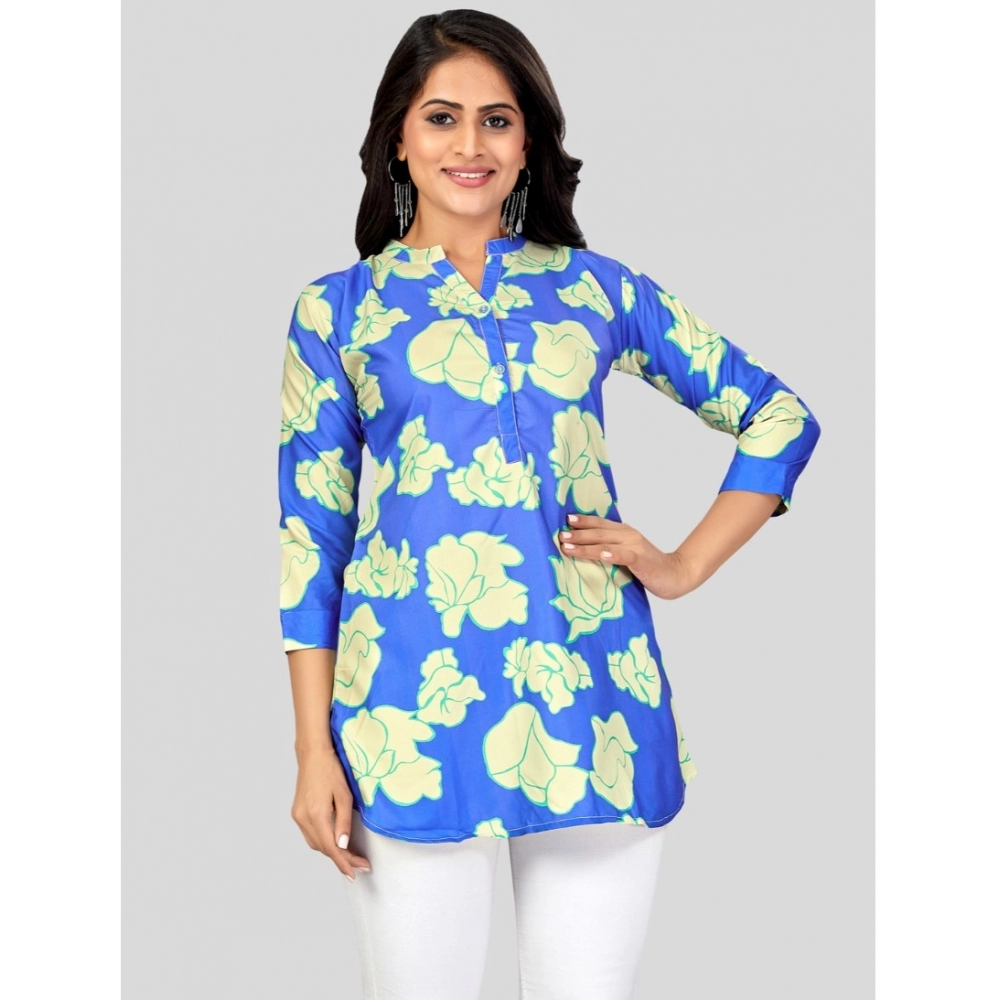 Women's Poly Crepe Mandarin Collar 3/4 Sleeves Short Top (Blue) - Image 5