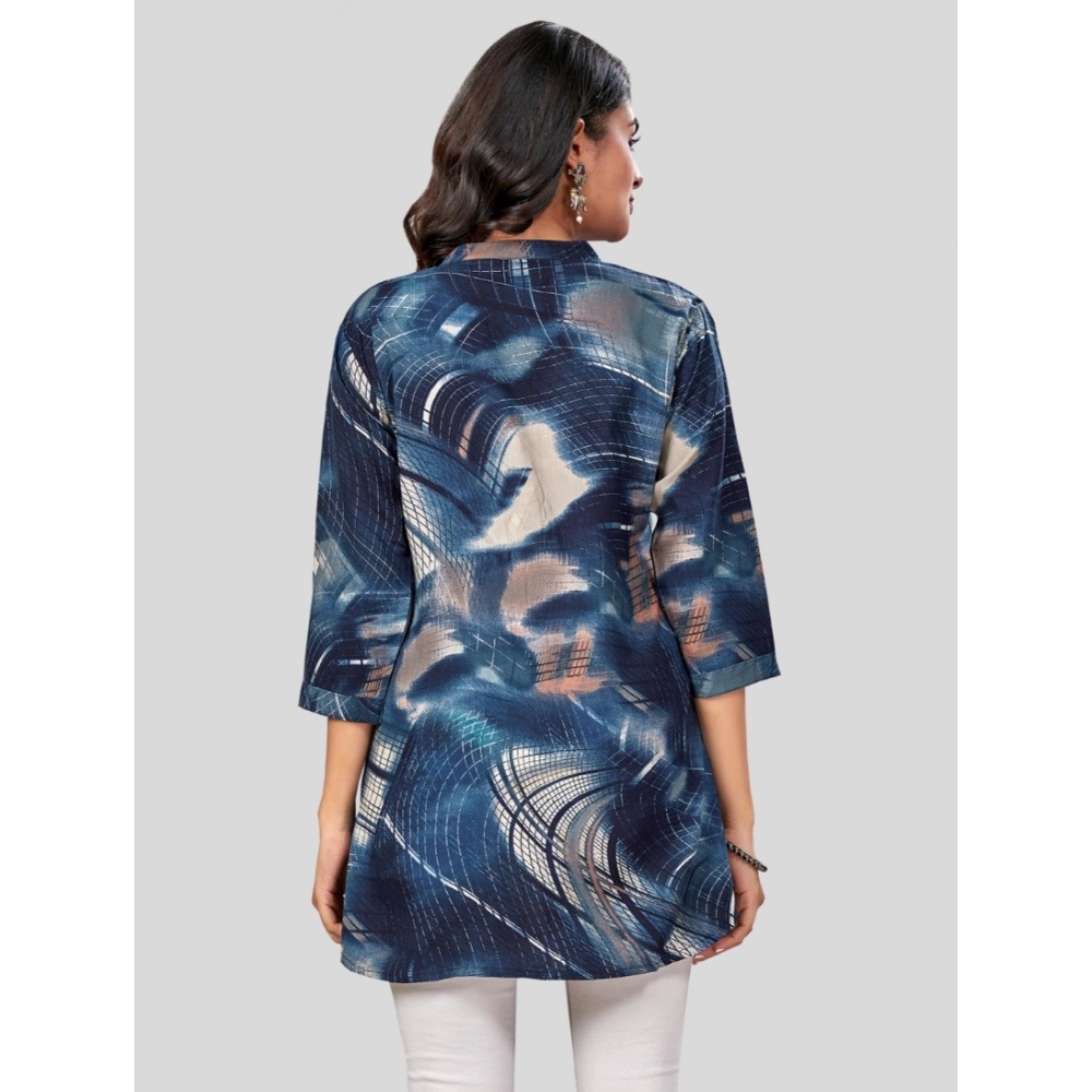 Women's Rayon Mandarin Collar 3/4 Sleeves Short Top (Blue) - Image 6