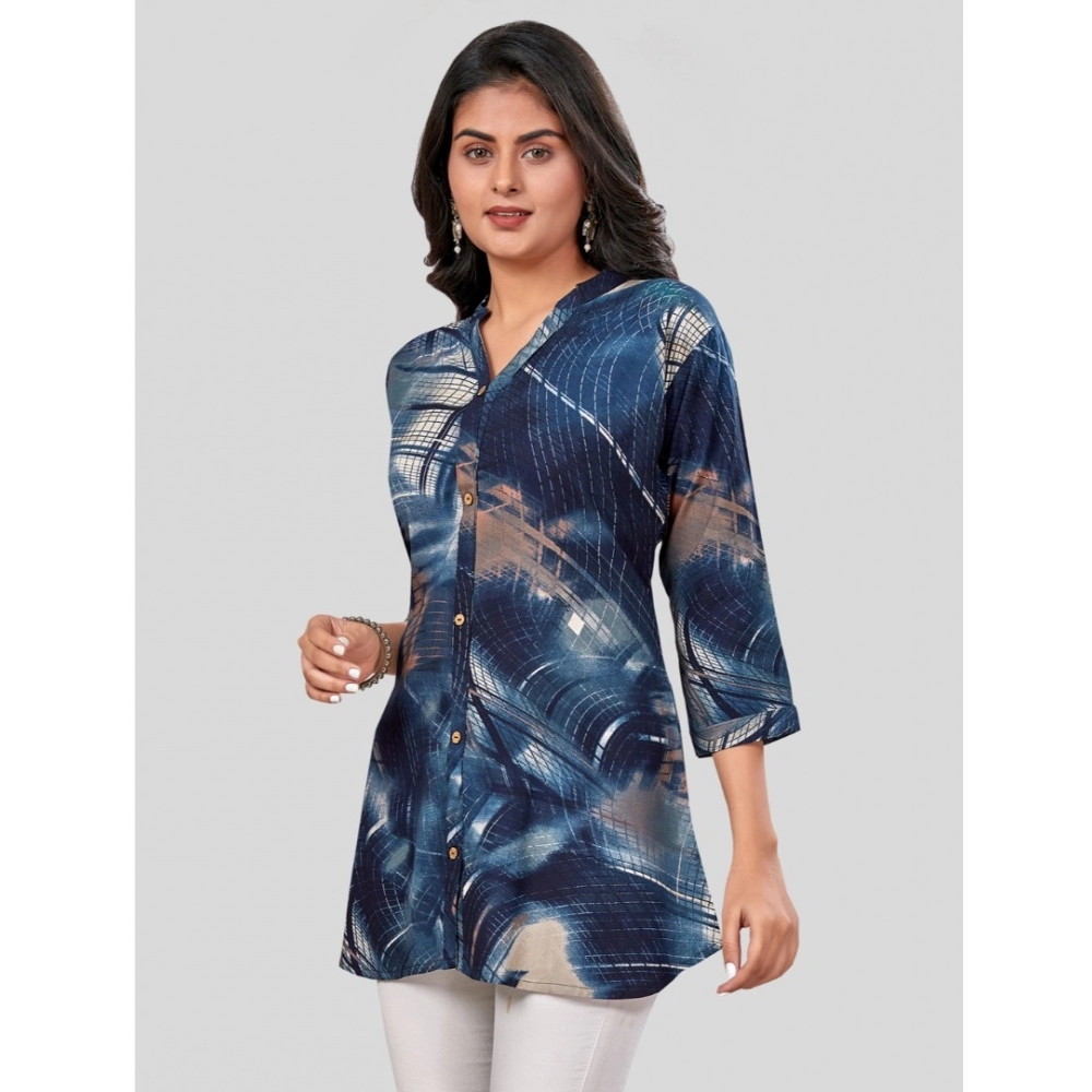 Women's Rayon Mandarin Collar 3/4 Sleeves Short Top (Blue) - Image 2