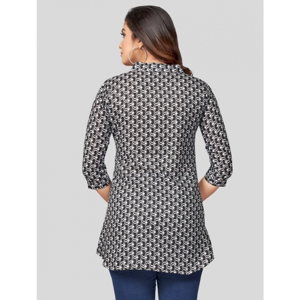 Women's Cotton Blend Mandarin Collar 3/4 Sleeves Short Top (Black) - Image 6