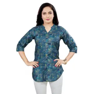 Women's Cotton Blend Mandarin Collar 3/4 Sleeves Short Top (Blue)