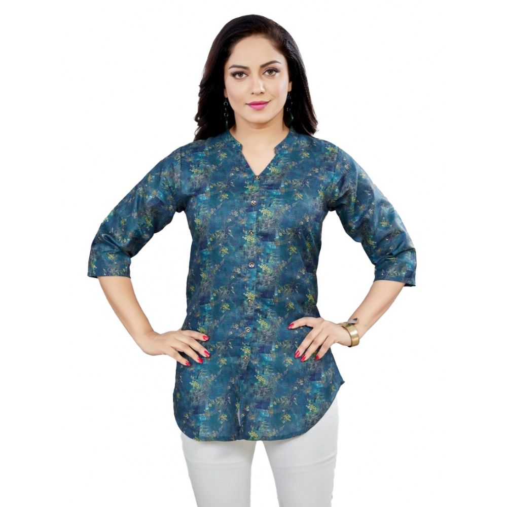 Women's Cotton Blend Mandarin Collar 3/4 Sleeves Short Top (Blue)