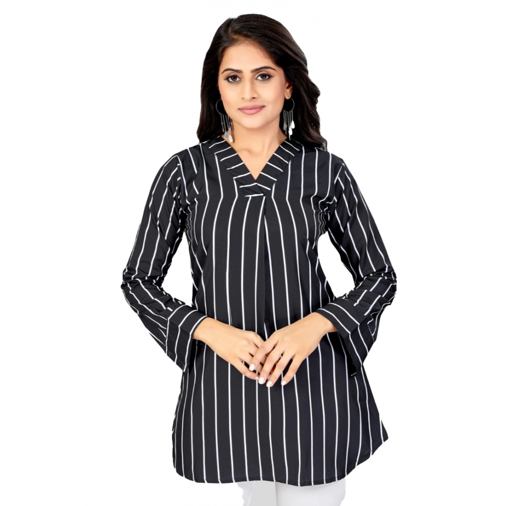 Women's Poly Crepe V-Neck Full Sleeves Short Top (Black)