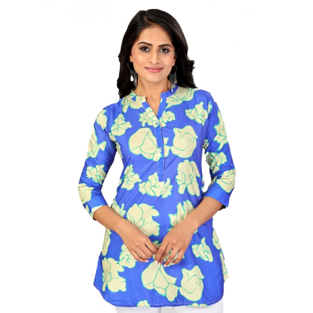 Women's Poly Crepe Mandarin Collar 3/4 Sleeves Short Top (Blue)