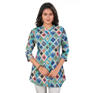 Women's Rayon Collared Neck 3/4 Sleeves Short Top (Multicolor)