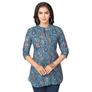 Women's Cotton Blend Mandarin Collar 3/4 Sleeves Short Top (Blue)