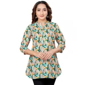 Women's Cotton Blend Mandarin Collar 3/4 Sleeves Short Top (Cream)