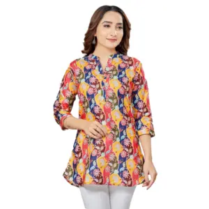 Women's Cotton Blend Mandarin Collar 3/4 Sleeves Short Top (Multicolor)