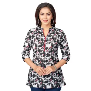 Women's Cotton Blend Mandarin Collar 3/4 Sleeves Short Top (Black-White)