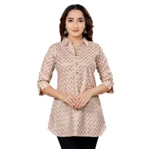 Women's Cotton Blend Collared Neck 3/4 Sleeves Short Top (Cream-Red)