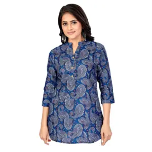 Women's Cotton Blend Mandarin Collar 3/4 Sleeves Short Top (Blue)