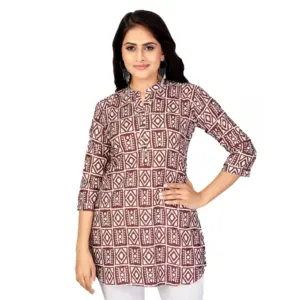 Women's Poly Crepe Mandarin Collar 3/4 Sleeves Short Top (Maroon)