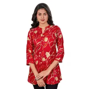 Women's Rayon Mandarin Collar 3/4 Sleeves Short Top (Red)