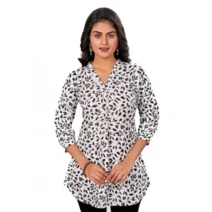 Women's Poly Crepe Chinese Collar 3/4 Sleeves Short Top (Black-White)