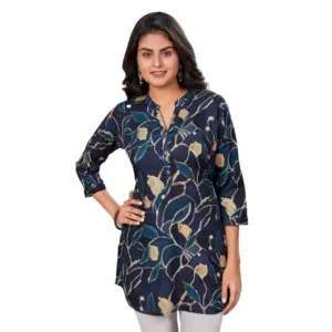 Women's Rayon Mandarin Collar 3/4 Sleeves Short Top (NavyBlue)