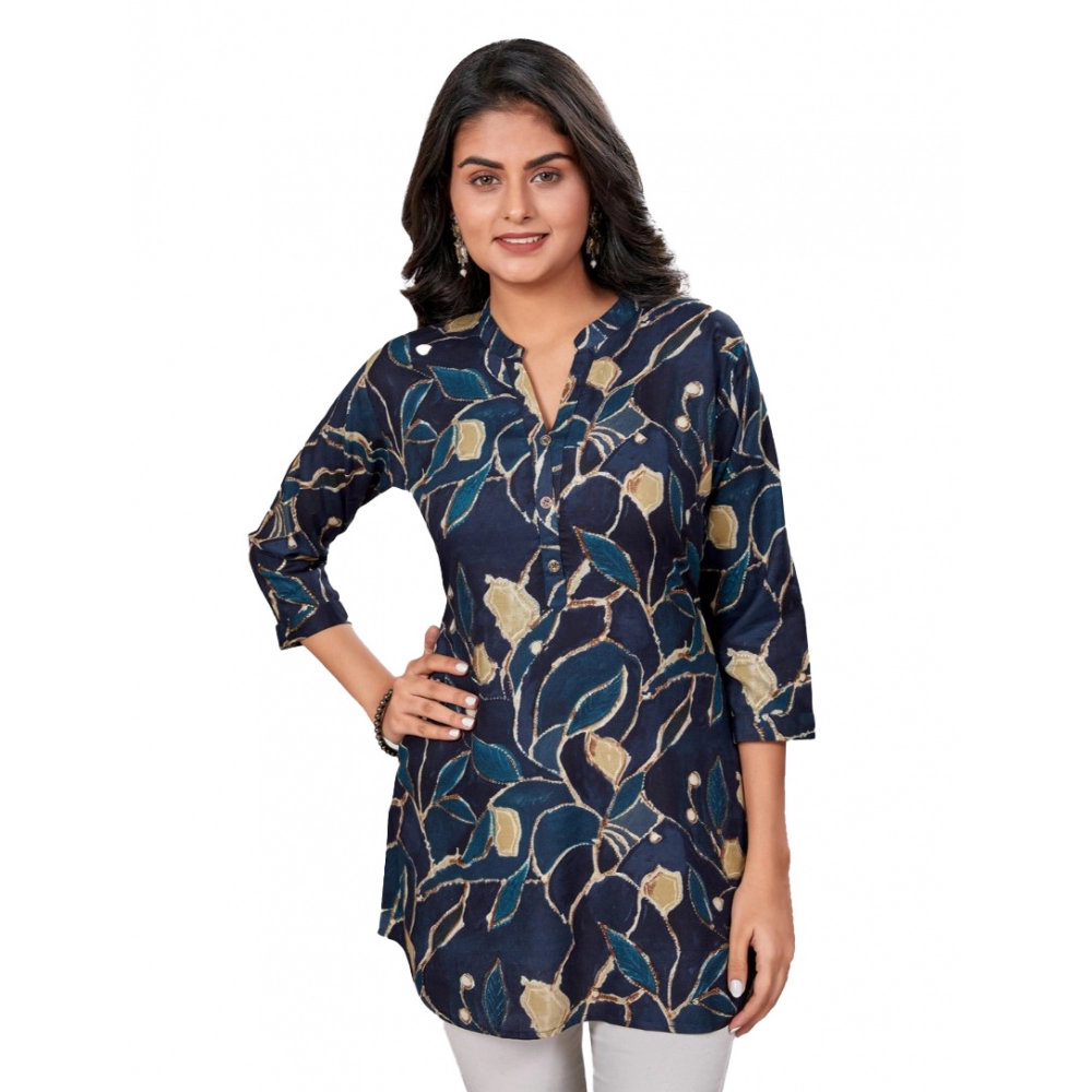Women's Rayon Mandarin Collar 3/4 Sleeves Short Top (NavyBlue)