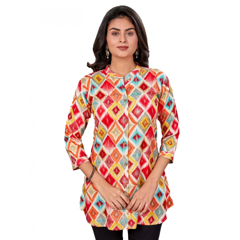 Women's Rayon Collared Neck 3/4 Sleeves Short Top (Red)