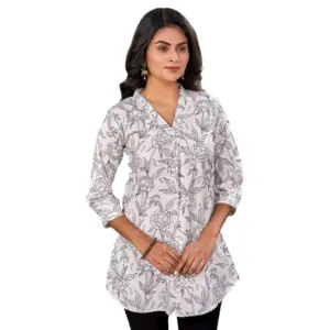 Women's Poly Crepe Chinese Collar 3/4 Sleeves Short Top (Black-White)