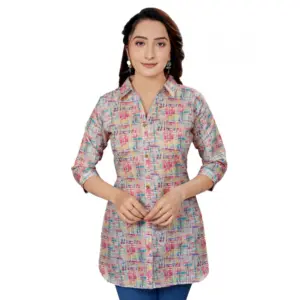 Women's Cotton Blend Collared Neck 3/4 Sleeves Short Top (Multicolor)