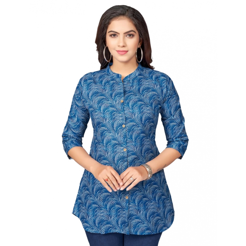 Women's Cotton Blend Mandarin Collar 3/4 Sleeves Short Top (Blue)