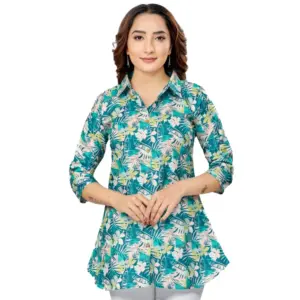 Women's Cotton Blend Collared Neck 3/4 Sleeves Short Top (Green)