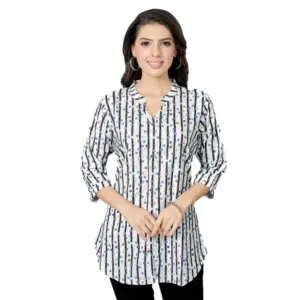 Women's Poly Crepe Mandarin Collar 3/4 Sleeves Short Top (White)