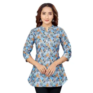 Women's Cotton Blend Mandarin Collar 3/4 Sleeves Short Top (Blue)