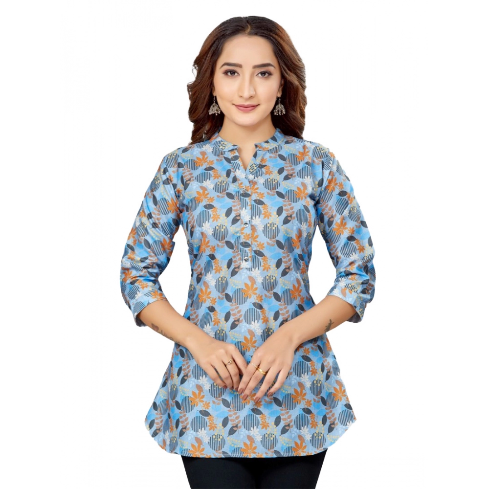 Women's Cotton Blend Mandarin Collar 3/4 Sleeves Short Top (Blue)