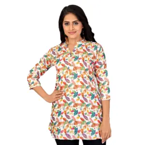 Women's Cotton Blend Mandarin Collar 3/4 Sleeves Short Top (Multicolor)